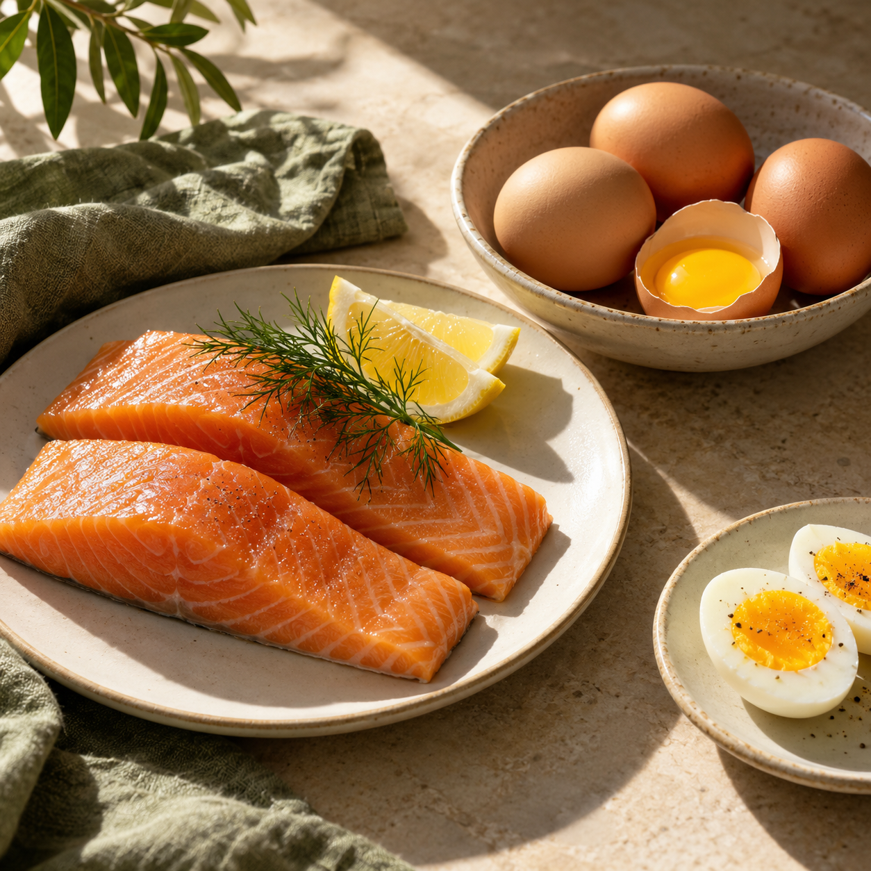 Salmon and eggs in natural sunlight for vitamin D education